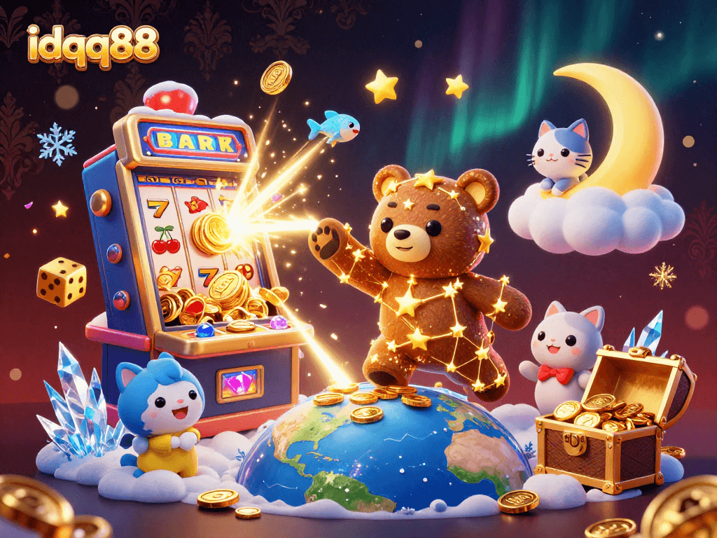 Win big with IDQQ88's exhilarating 3D casino game scene featuring cosmic characters and jackpots.