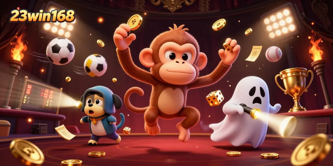 Engage with 23win168's thrilling gaming experience as a mischievous ghostly monkey dazzles while coins and sports elements fill the haunted casino backdrop.