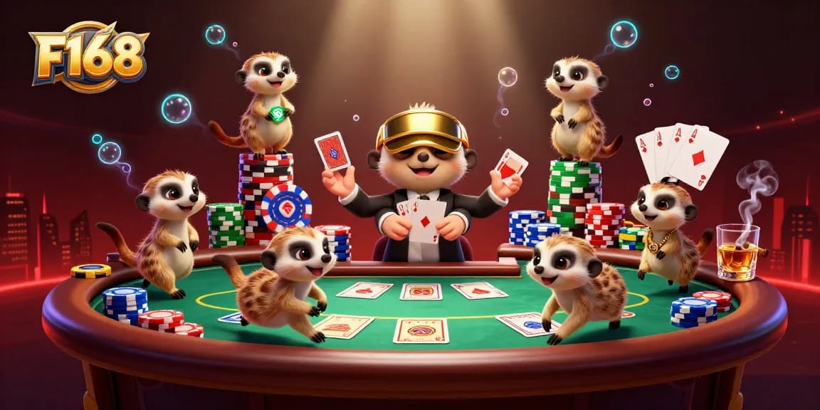 F168 meerkats directing a dynamic casino scene with colorful poker chips and vibrant atmosphere.