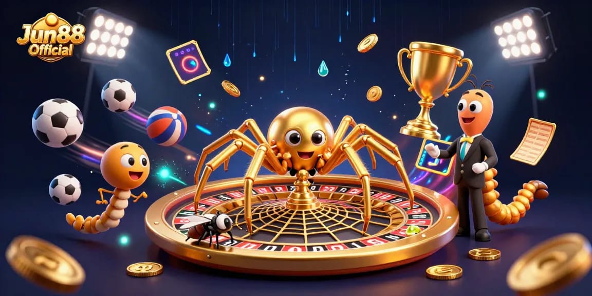 Engage with Jun88 Official by placing bets in a dynamic gambling scene featuring a roulette wheel and sports.