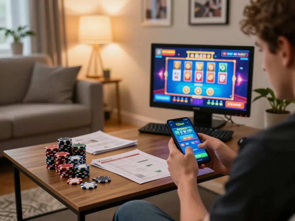 Player enjoying 12bet mobile app while strategizing at home gaming setup.