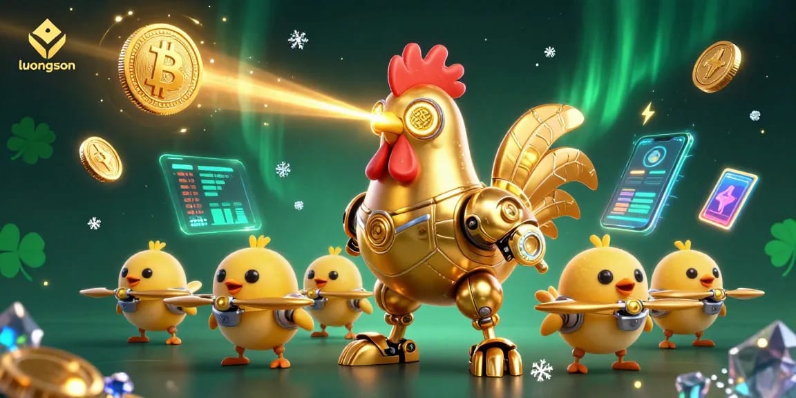 Engage with luongson showcasing a dynamic 3D illustration of a golden rooster robot and baby chicks amidst glowing crypto elements.