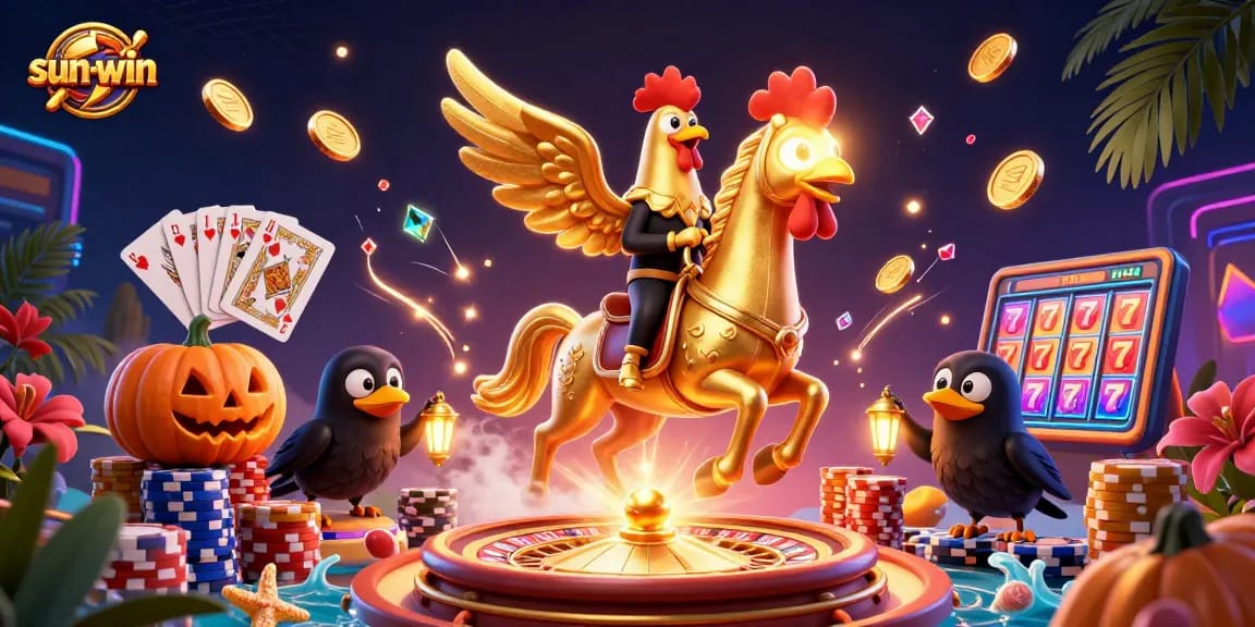 Experience the thrilling sun-win gaming adventure with a golden rooster and dynamic casino atmosphere.