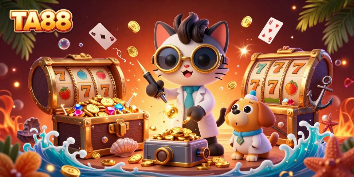 Play winning slots at TA88 with a mad scientist cat and gold coins in an exciting casino scene.