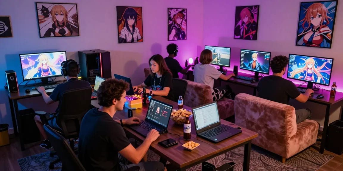 Social gaming group enjoying hentai games online in a vibrant lounge.