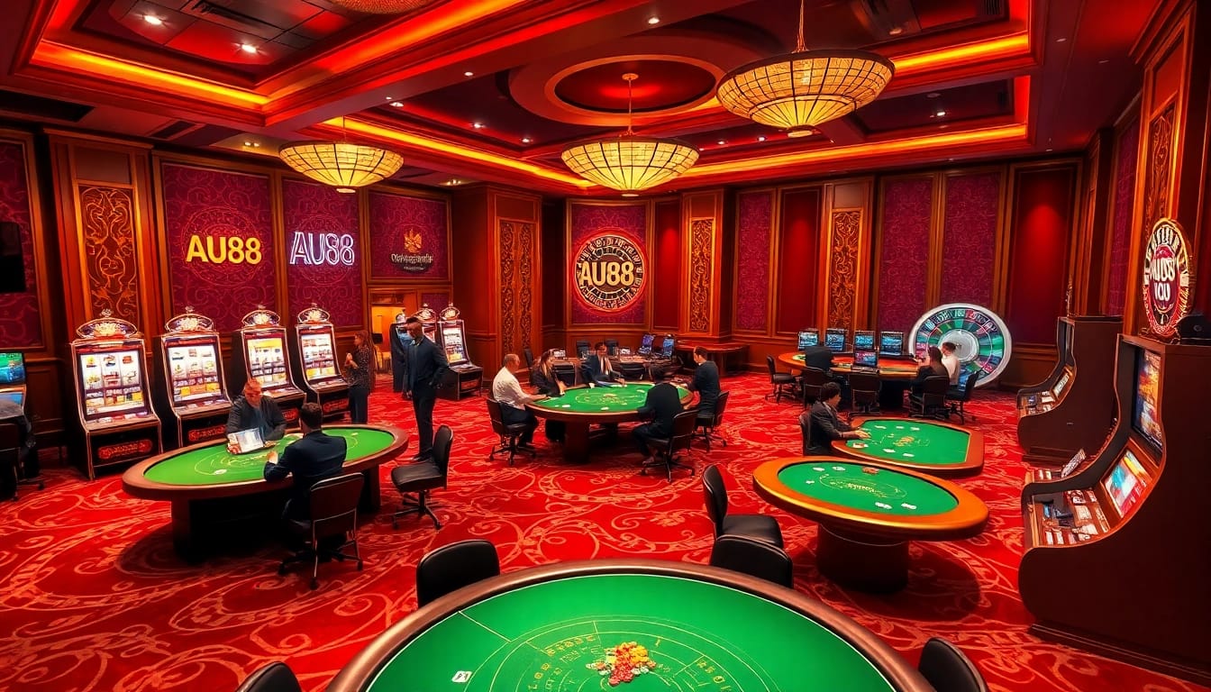 Experience thrilling gameplay at AU88 casino with vibrant slot machines and poker tables.