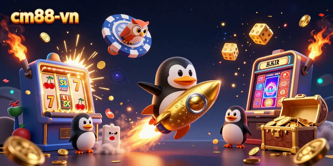 Experience thrilling gaming at cm88-vn, featuring a golden penguin blasting through space toward a casino.