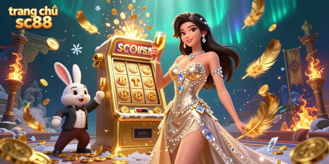 Experience the excitement of gameplay at trang chủ sc88 with a glamorous woman and a jackpot slot machine.