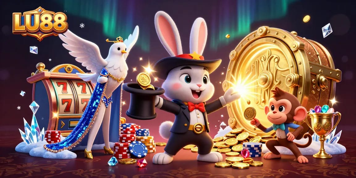 LU88 showcases a magician rabbit and characters winning coins and poker chips in an exciting casino scene.