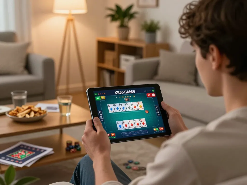Players engaging with the KK55 Game on a tablet, emphasizing strategic online gambling.