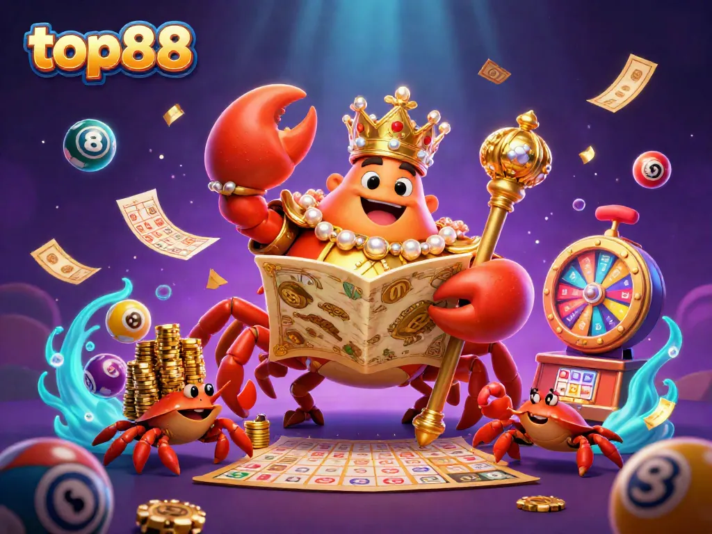 Engage with top88's thrilling gaming experience featuring vibrant lottery elements and a golden crab emperor.
