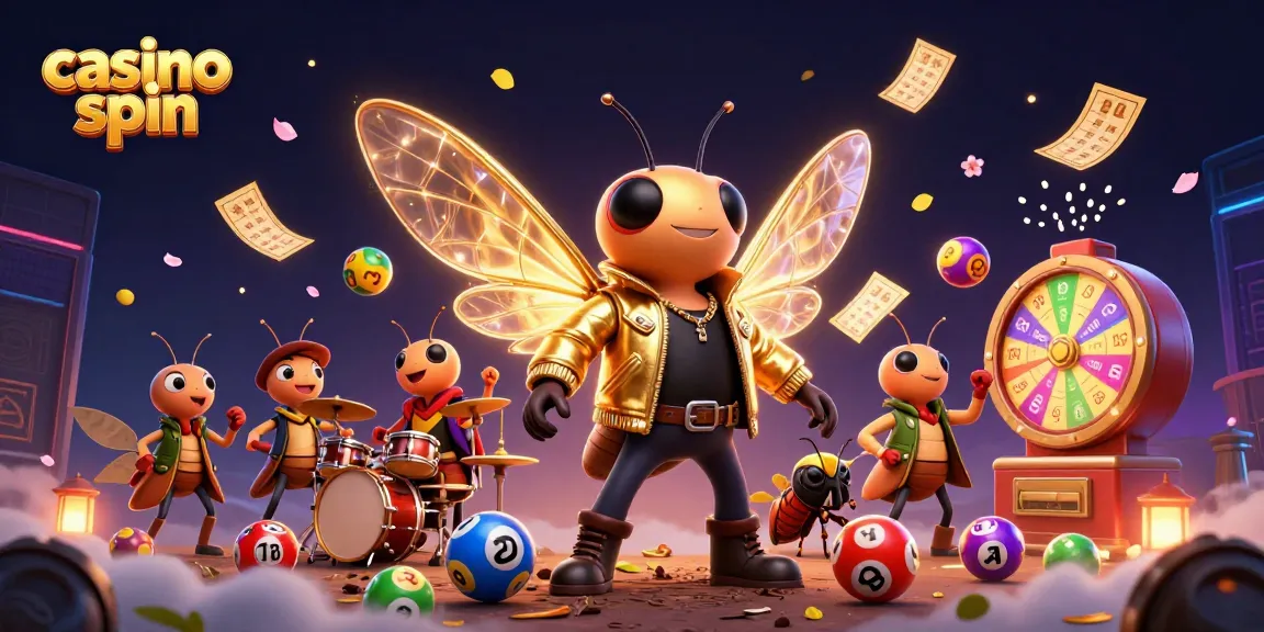 Experience the thrill of casino spin with a rock star cicada and vibrant lottery elements in this lively illustration.