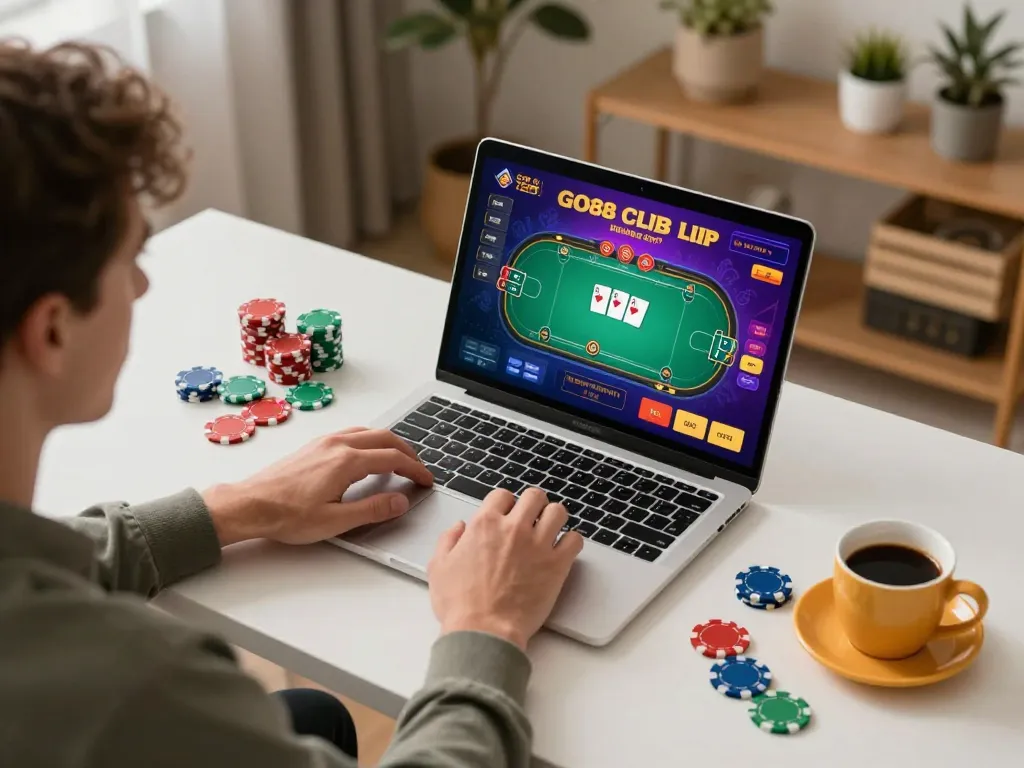 Player engaged in Go88 club online poker, showcasing vibrant gameplay on laptop, home setting.