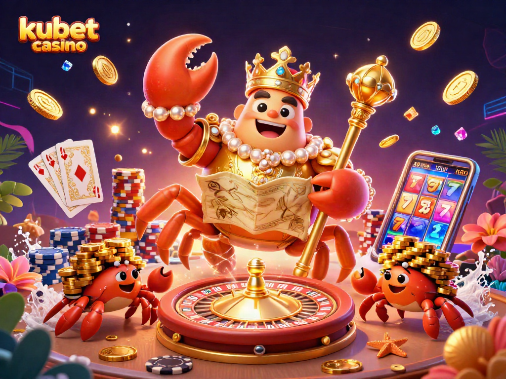 Experience kubet casino with vibrant 3D illustration showcasing a crab emperor among treasures and gaming elements.