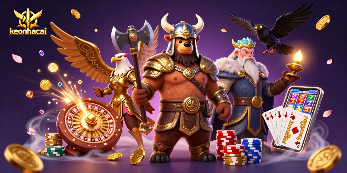 Engage in keonhacai betting with a vibrant scene of Viking characters, roulette, and shining casino elements.