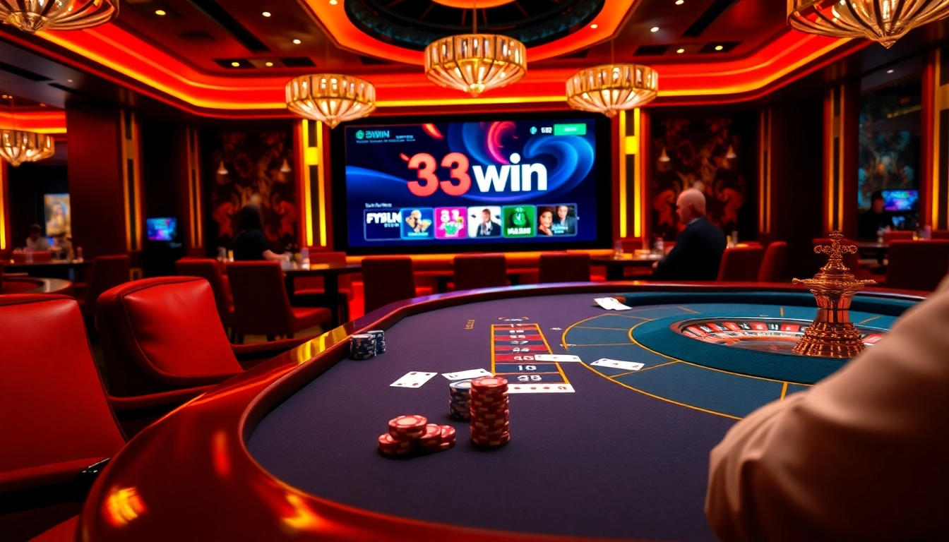 Exciting gameplay at 33win's luxurious poker table with vibrant casino ambiance.