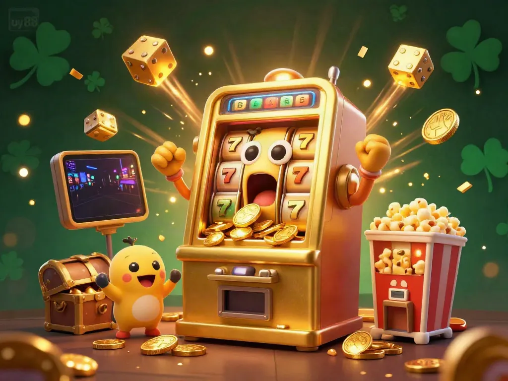 Experience the jackpot thrill with uy88's lively slot machine scene that captures casino excitement.