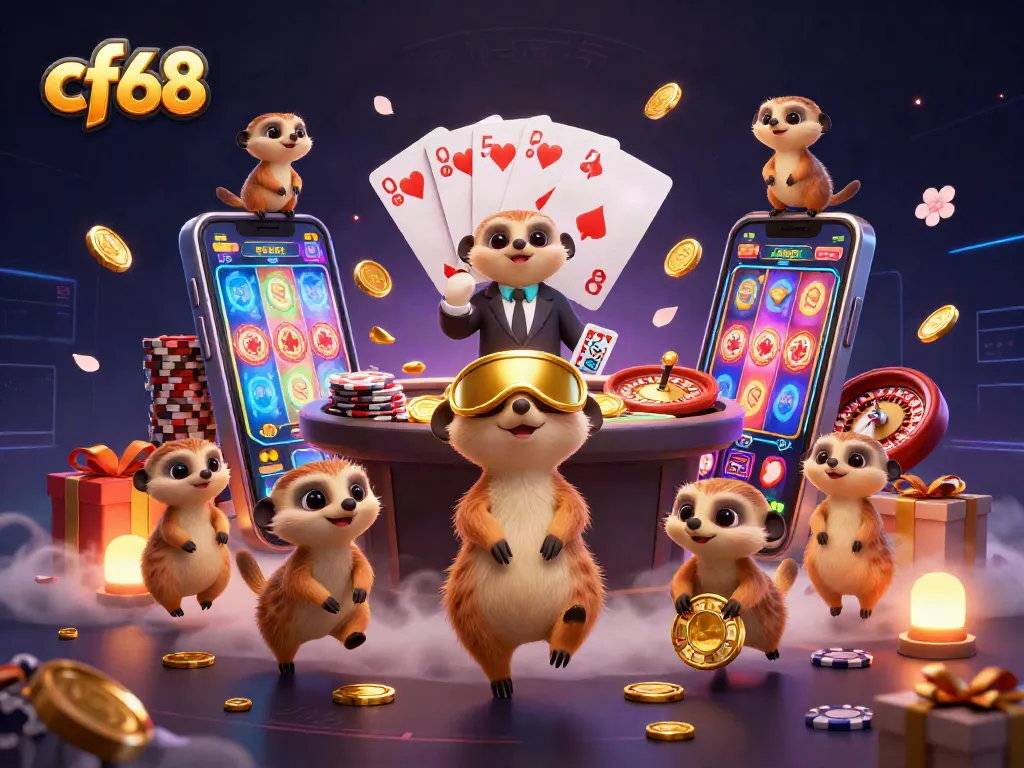 Experience engaging games with cf68, featuring meerkats managing a vibrant casino scene.
