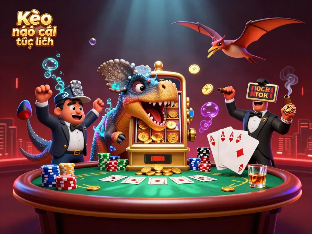 Engaging scene of Kèo nhà cái trực tuyến featuring a cartoon dinosaur interacting with a golden slot machine amidst a lively casino setting.