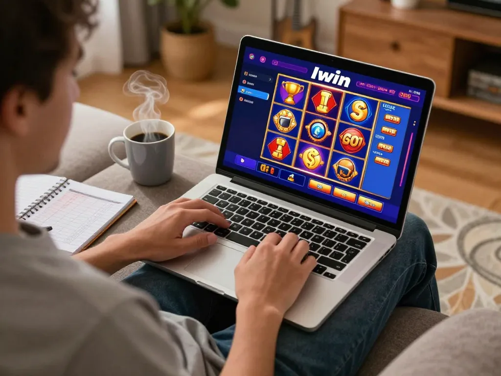 Engage in thrilling online gaming as you play Iwin on your laptop in a cozy home setting with warm lighting.