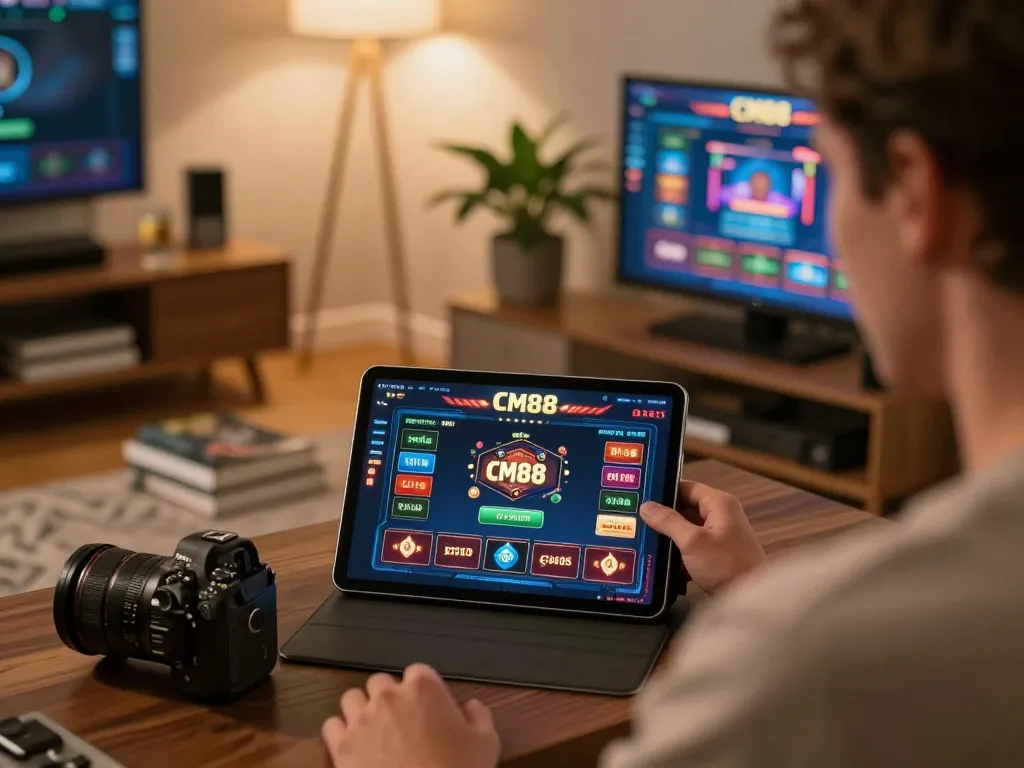 Player engaging with CM88 casino app on tablet, showcasing a strategic gaming atmosphere in a cozy setting.
