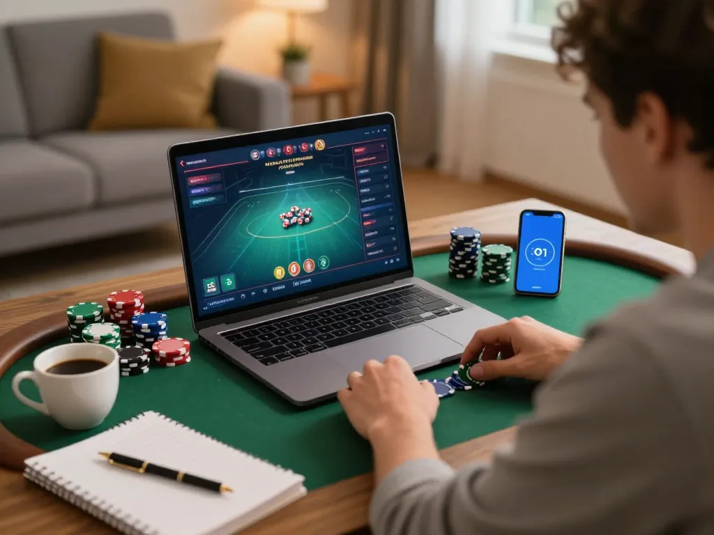 bl555ae player enjoying poker game at home with strategy notes and warm lighting