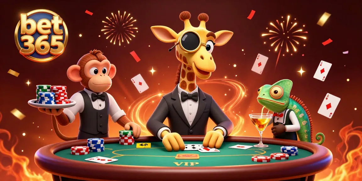 Experience the excitement of bet 365 with a dynamic casino scene featuring characters and poker elements.