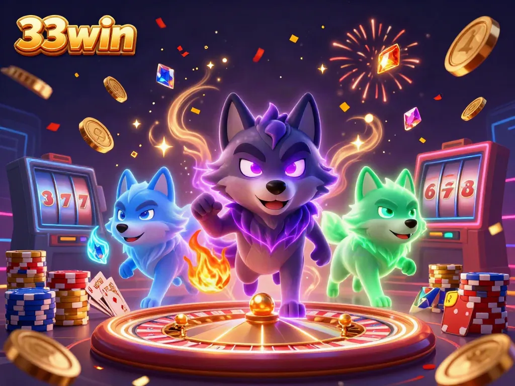 Engage with 33win's immersive moment, featuring animated wolves and casino elements in action.