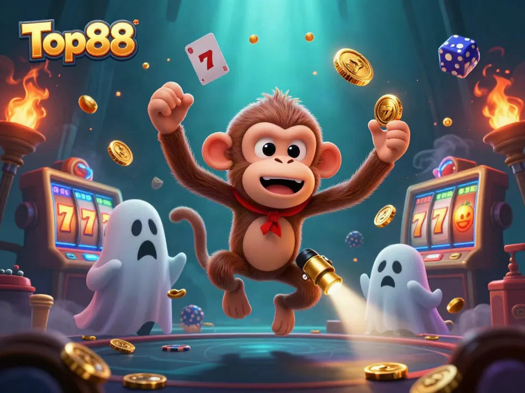 Top88's playful poltergeist monkey juggles in a haunted casino filled with golden jackpots.