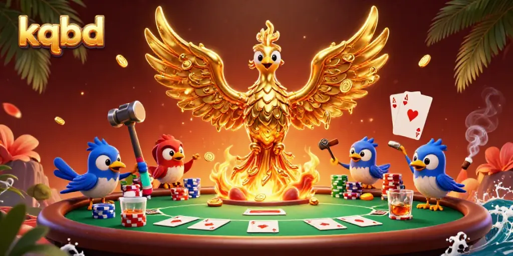 Experience kqbd excitement with a golden phoenix emerging from a forge, surrounded by poker elements and vibrant colors.