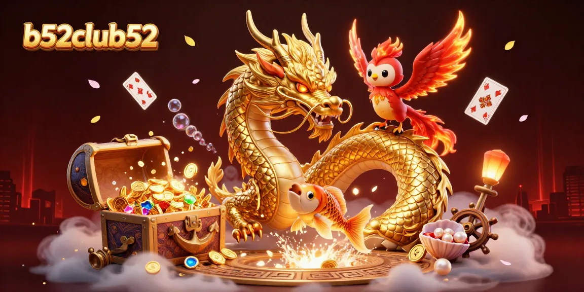 Experience high-stakes gaming at b52club52 with a fierce dragon, phoenix, and koi fish among coins and treasure.