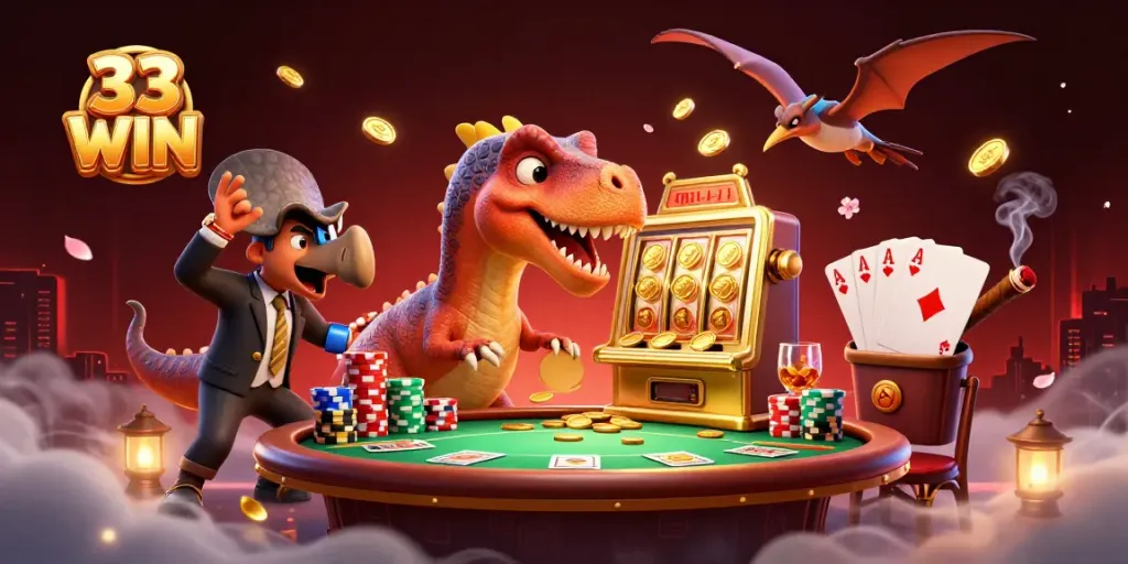 33 WIN jackpot scene with cartoon characters celebrating at a casino, featuring vivid game elements.