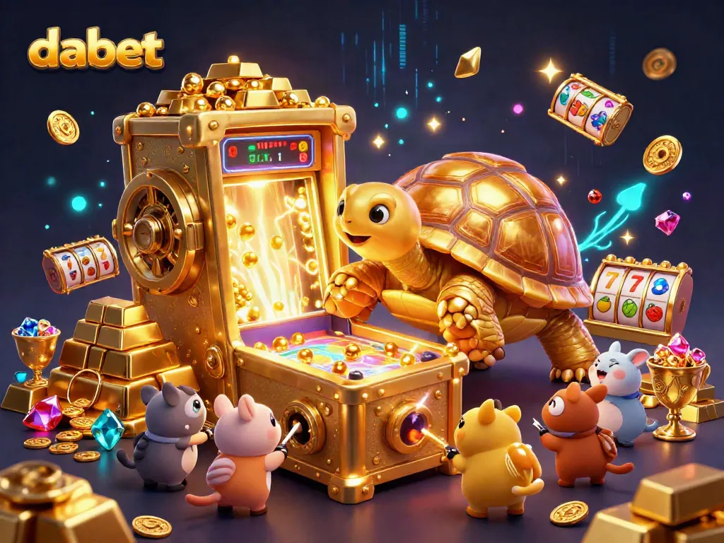 Dabet showcases a playful scene with a colossal tortoise pinball machine exciting small animals as they bet on colorful slot reels.