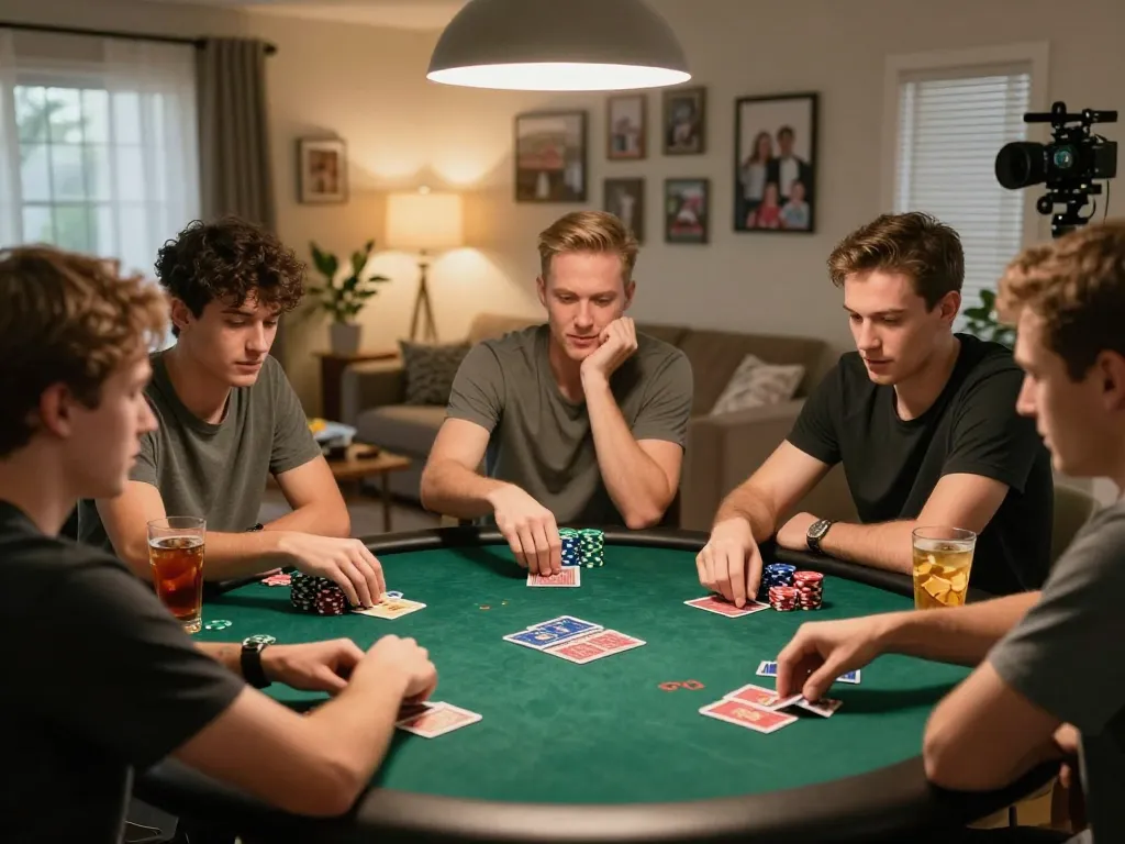 Friends enjoying a lively poker game at home, showcasing an exciting iwin club experience.