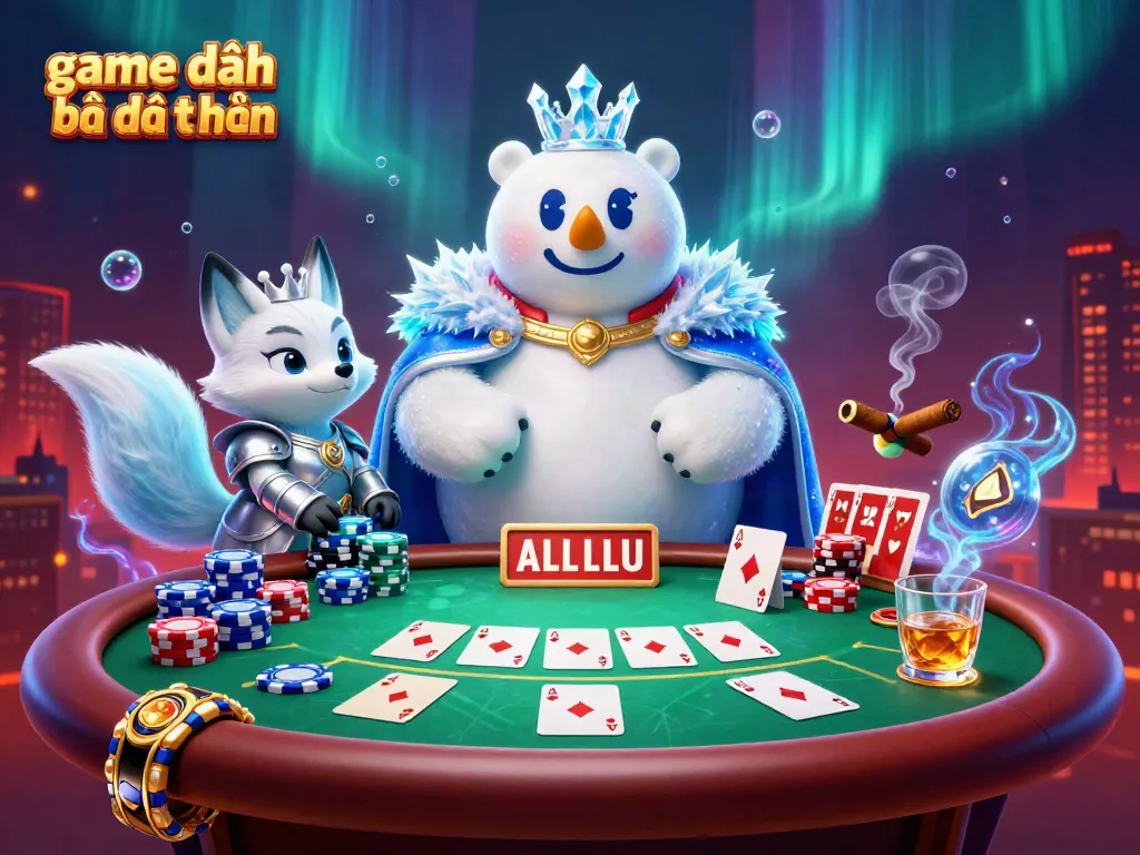 Experience thrilling game đánh bài đổi thưởng with a poker-themed illustration showcasing a polar bear king and snow fox in a vibrant casino setting.