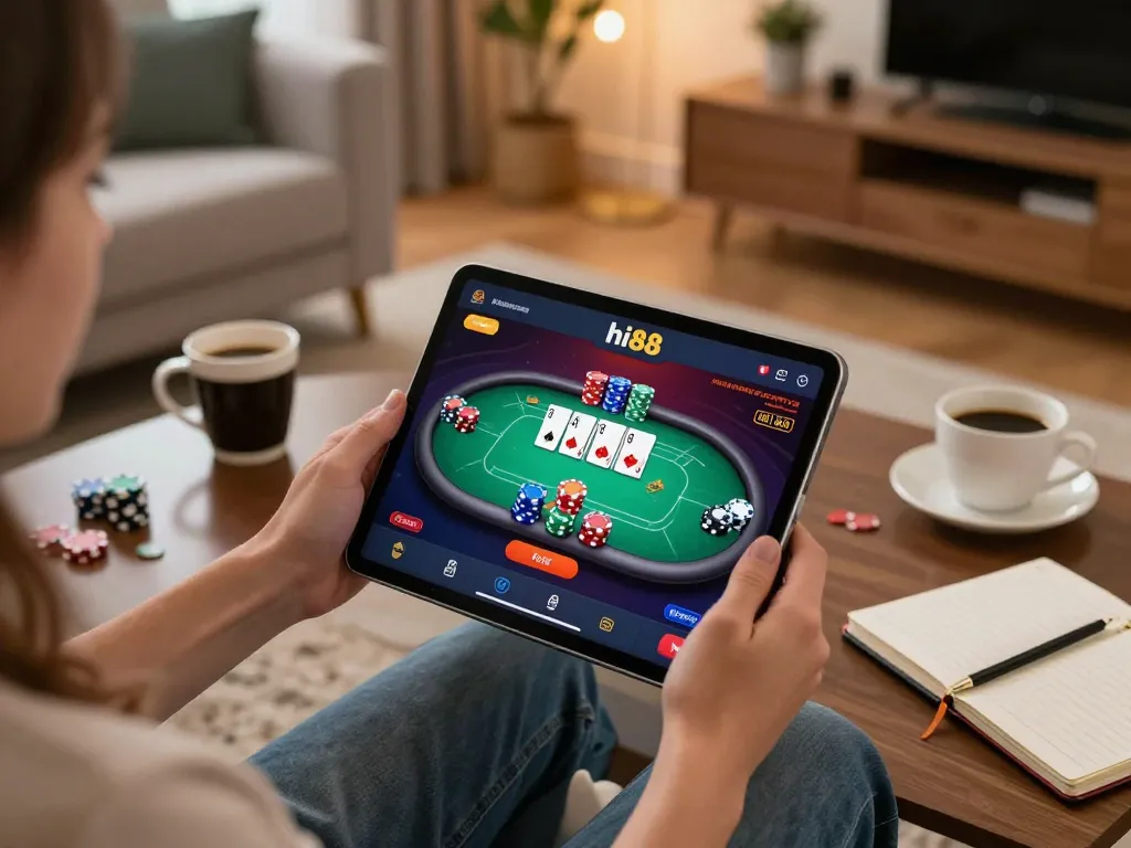 Engaging with the hi88 online casino app in a cozy home setting during an exciting poker game.