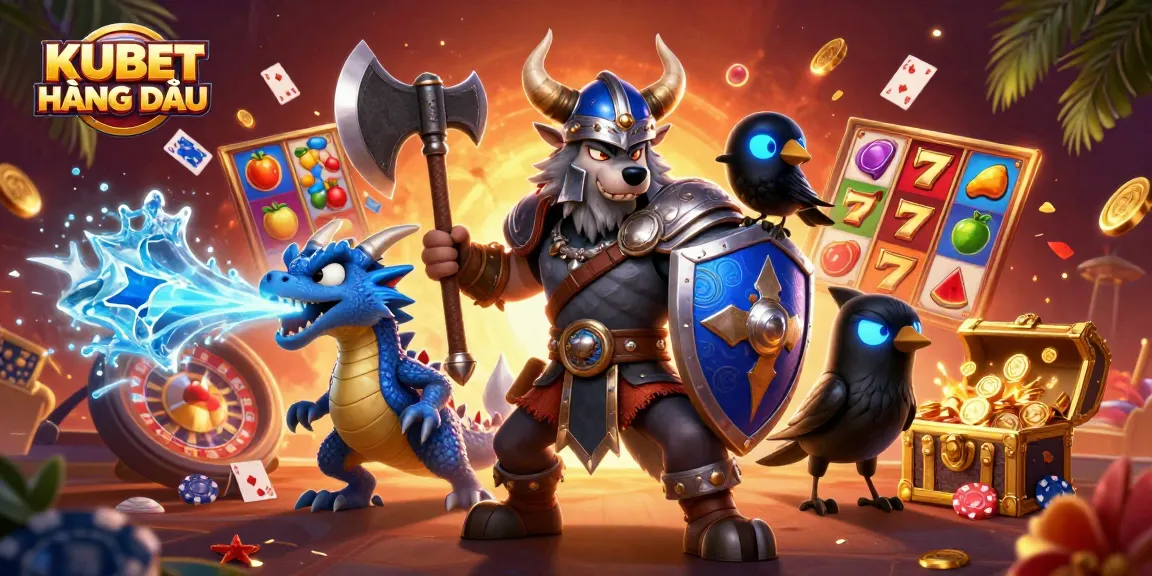 KUBET HÀNG ĐẦU showcases a thrilling casino adventure with Viking characters and energetic gaming elements.