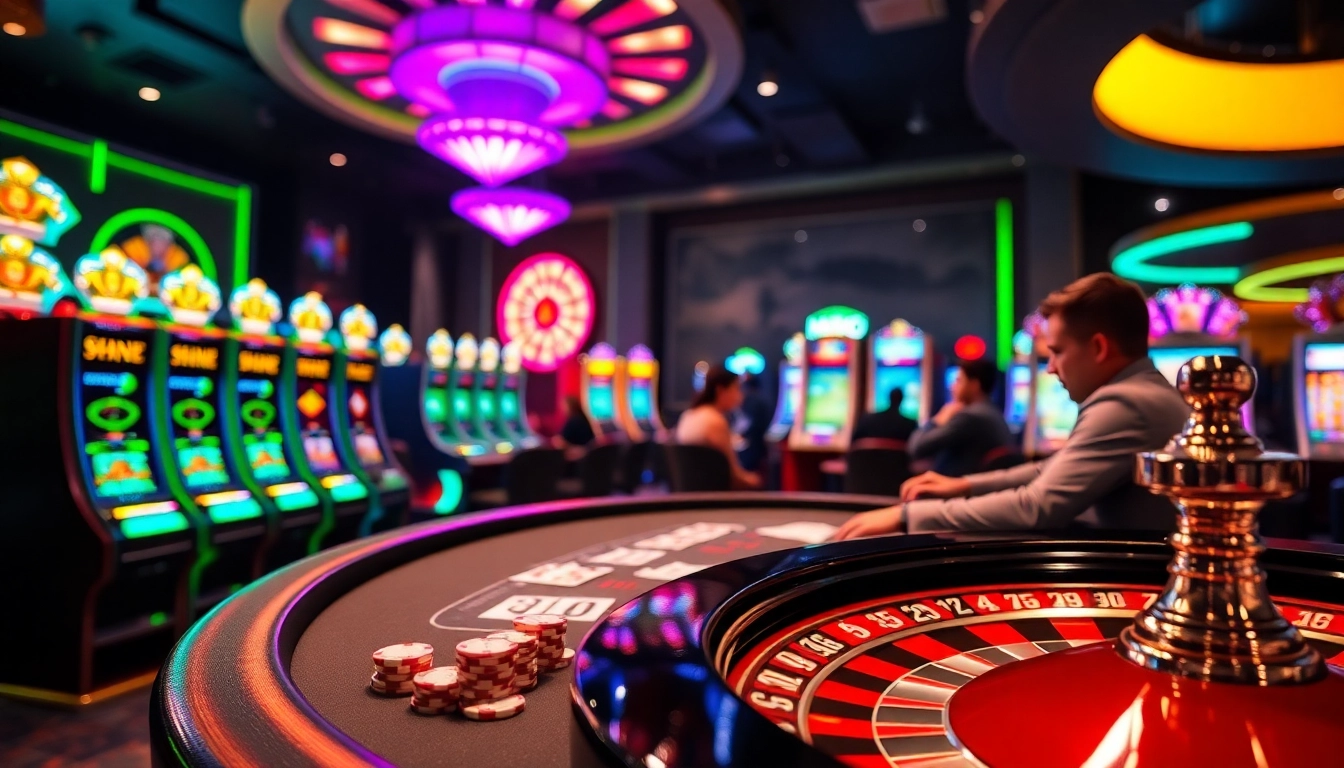 Players engaging in high-stakes poker at MMOO casino, surrounded by vibrant slot machines and roulette.