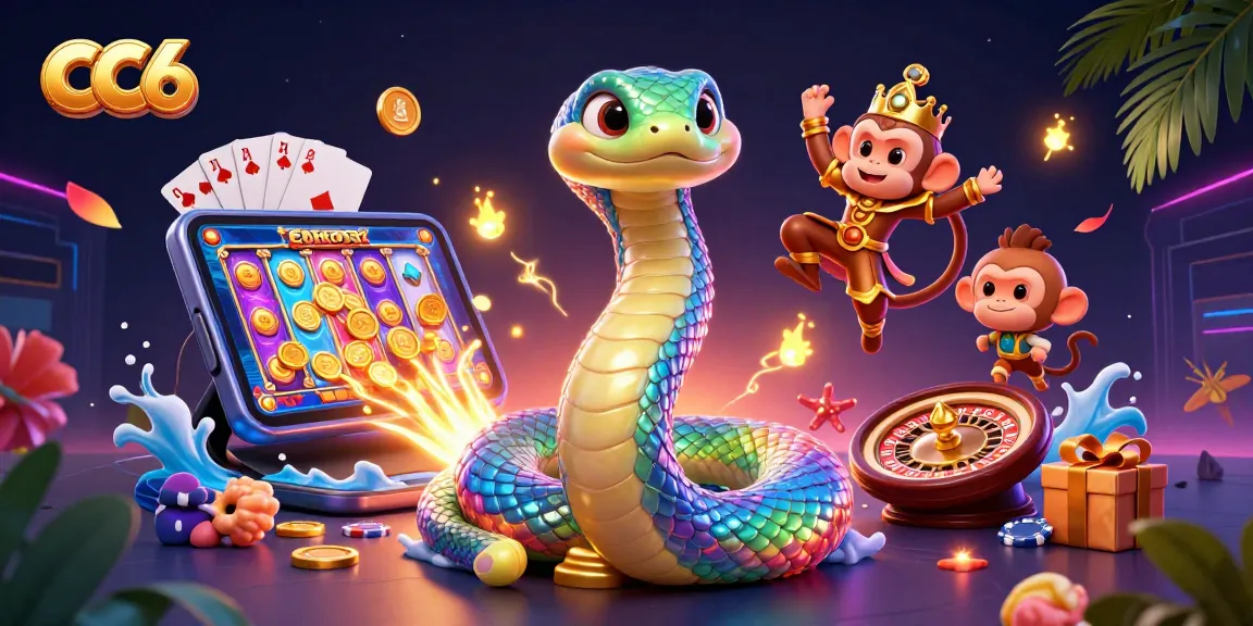 CC6 game platform showcases a vibrant 3D illustration featuring dynamic characters, slot games, and captivating casino elements.