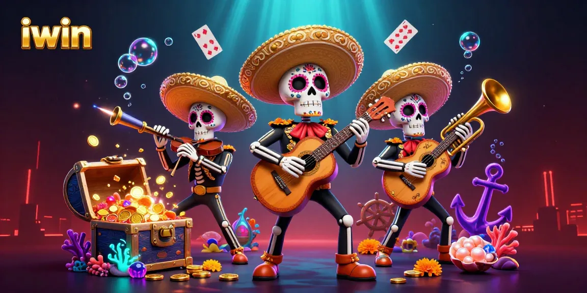 iwin's vibrant 3D casino scene showcases lively mariachi band with treasure elements.