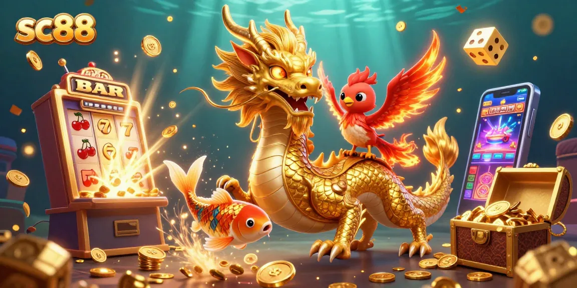 Play at sc88 and win big with a powered dragon, phoenix, and koi fish in a vibrant casino scene.