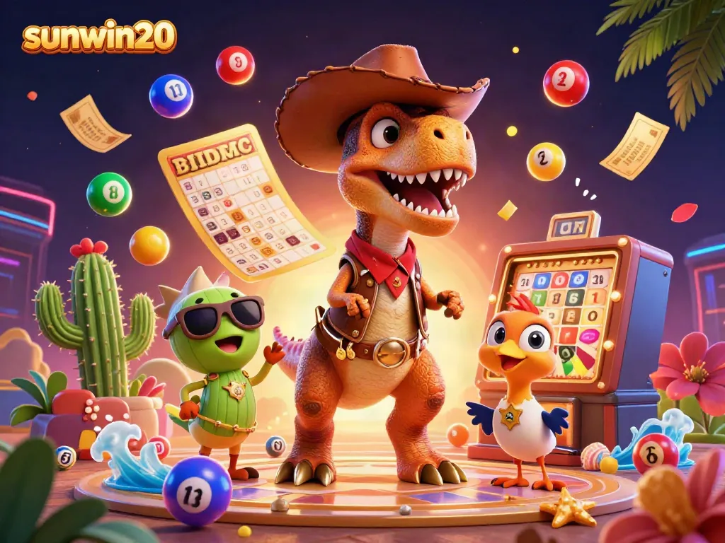 Engage with sunwin20 as a casino-themed 3D illustration featuring dynamic lottery elements and vibrant characters.