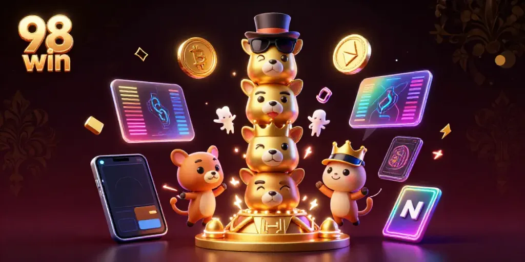 Engage with intriguing games like 98 win at an ultra-detailed casino illustration featuring a golden totem and crypto elements.