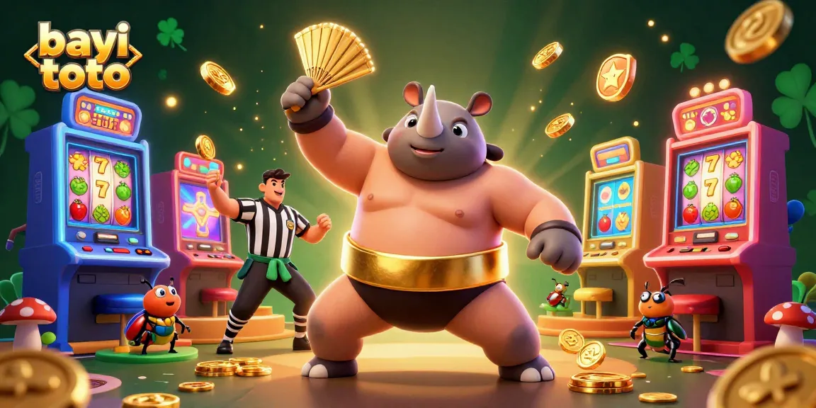 Bayi toto-inspired illustration showing a humorous sumo beetle with vibrant slot machines and golden coins flying, showcasing fun gaming elements.