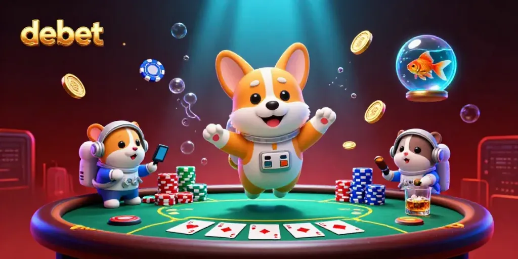 Engage in thrilling poker action at Debet with colorful chips and soaring coins in a vibrant cosmic casino.