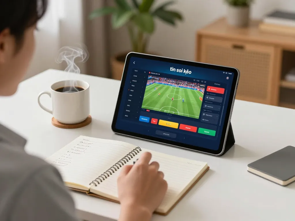 Engaging with tin soi kèo on a tablet while strategically analyzing betting options in a warm home environment.