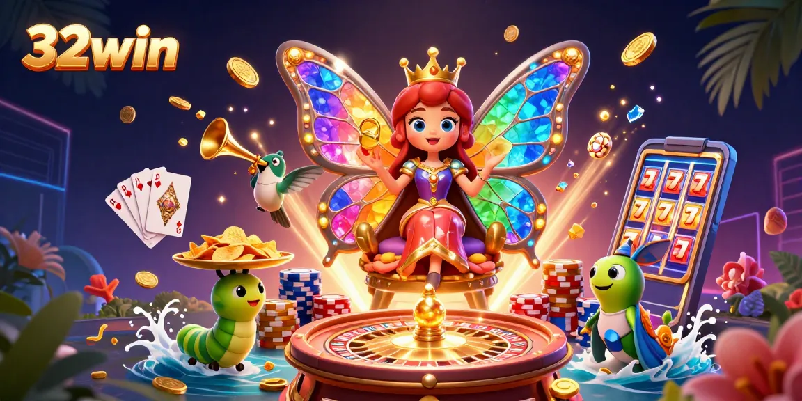 Experience vibrant gaming action with 32win's 3D casino illustration featuring captivating characters and rich casino elements.