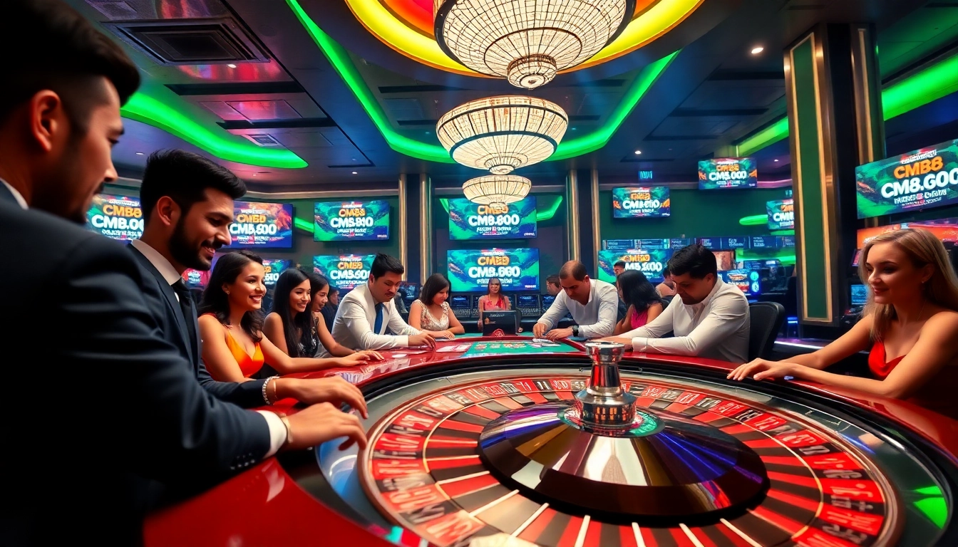 Players enjoy a thrilling game at cm88.com casino table amidst vibrant lights and chips.