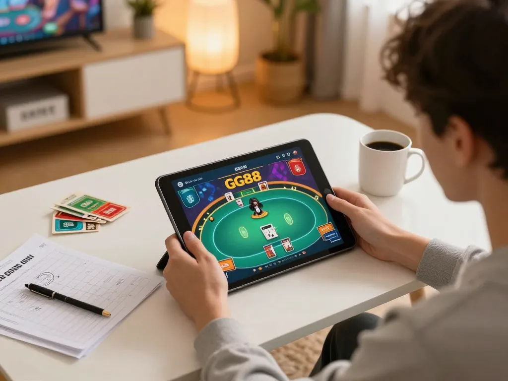 Person enjoying an online GG88 poker game on tablet during relaxed home gaming session.