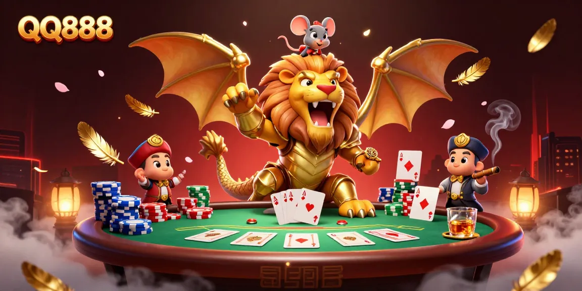 Experience thrilling action with QQ888 in this vibrant 3D illustration featuring casino elements.